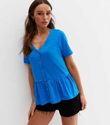 Bright Blue Button Front Peplum Top