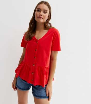 Red Button Front Peplum Top