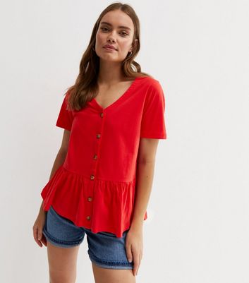 Red Button Front Peplum Top New Look