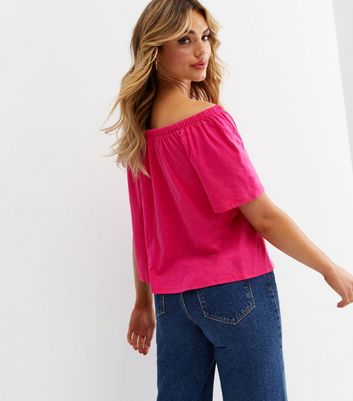 Damen Bekleidung Bright Pink Button Bardot Top Damen Bekleidung Bright Pink Button Bardot Top