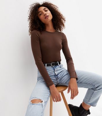 Dark Brown Ribbed Crew Neck Long Sleeve 