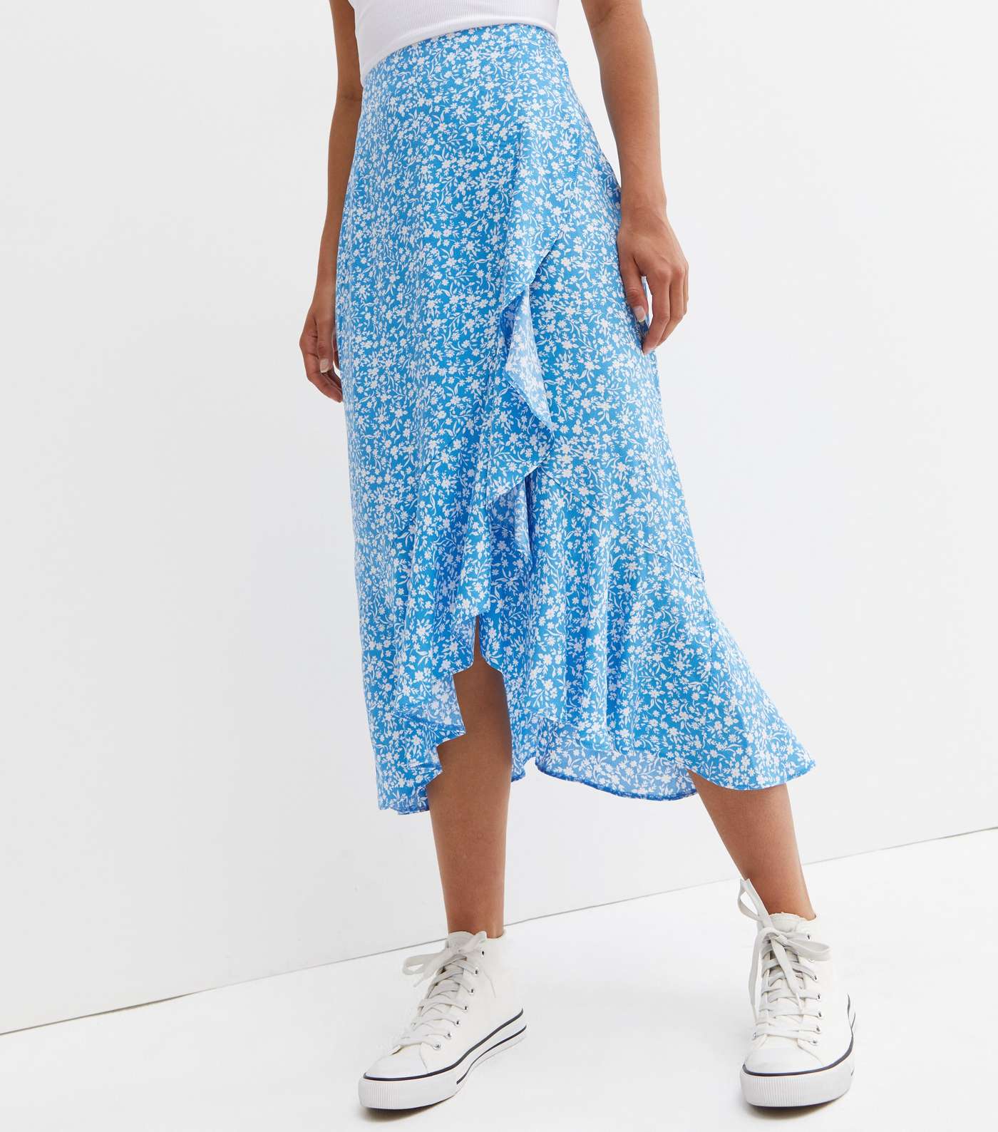 Blue Ditsy Floral Ruffle Midi Wrap Skirt