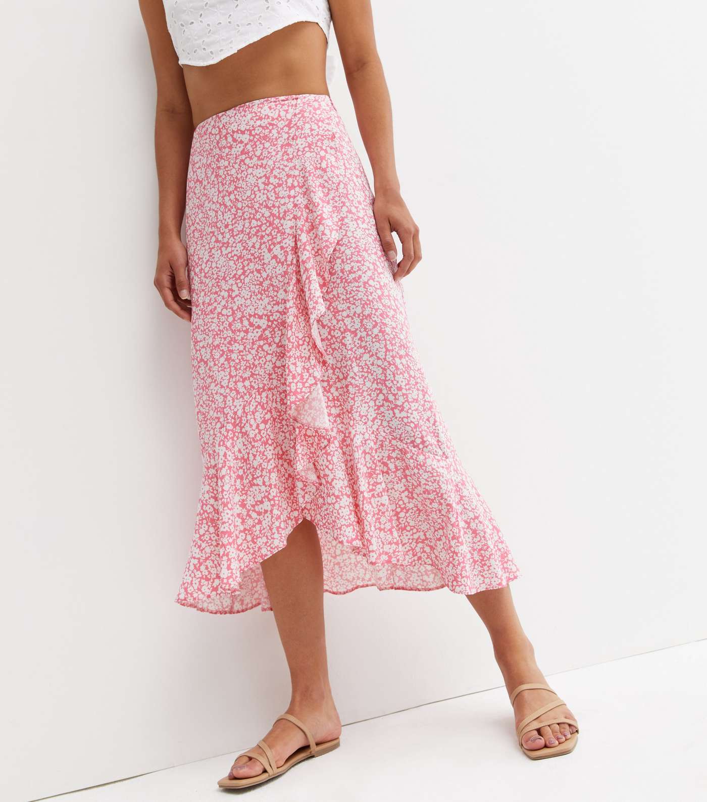 Pink Ditsy Floral Ruffle Midi Wrap Skirt Image 2