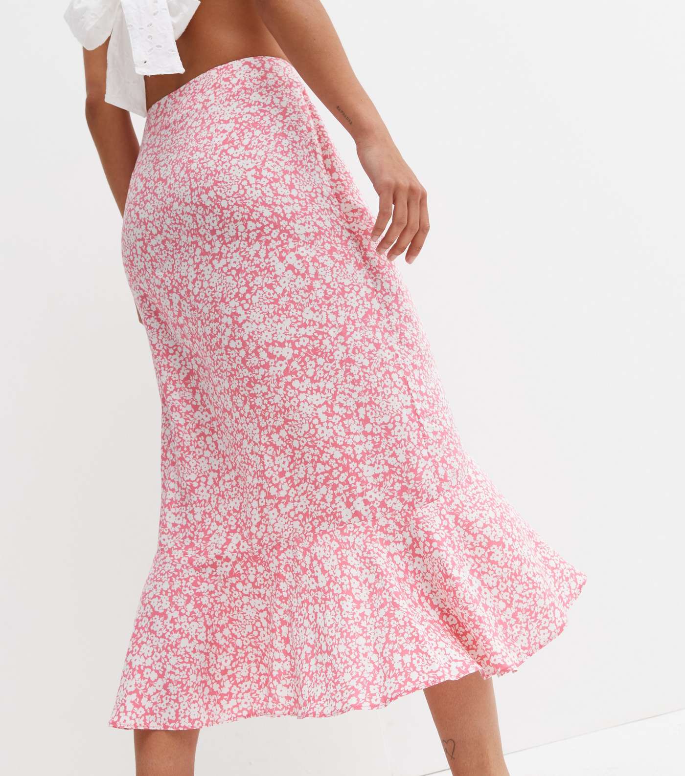 Pink Ditsy Floral Ruffle Midi Wrap Skirt Image 4