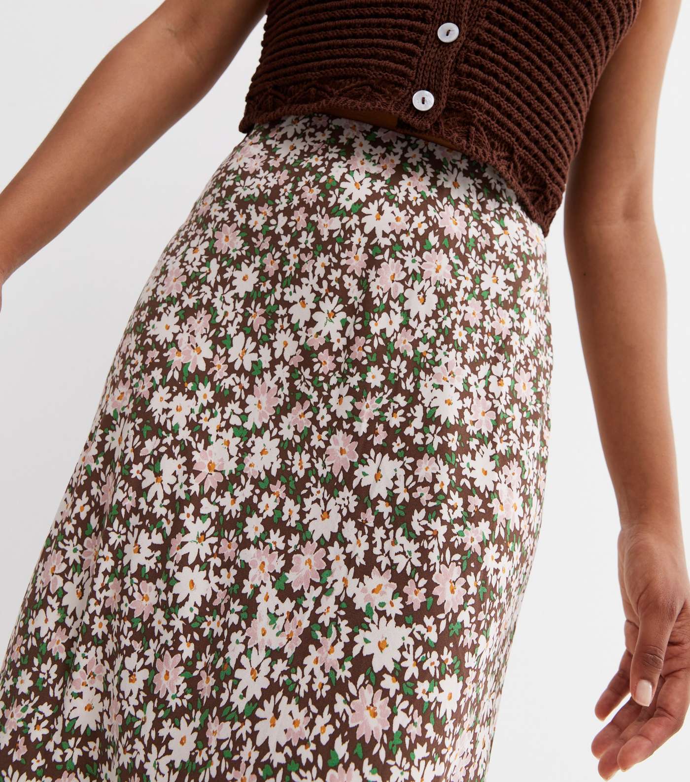 Brown Daisy High Waist Bias Cut Midi Skirt Image 3