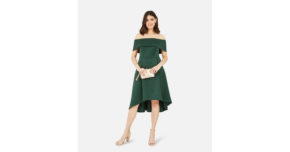 bottle green bardot dip hem dress