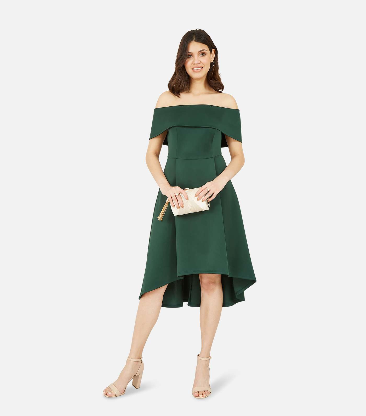 Mela Green Bardot Dip Hem Midi Dress