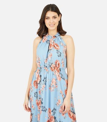 shop for Mela Blue Floral Shirred Dip Hem Midi Halter Dress New Look at Shopo