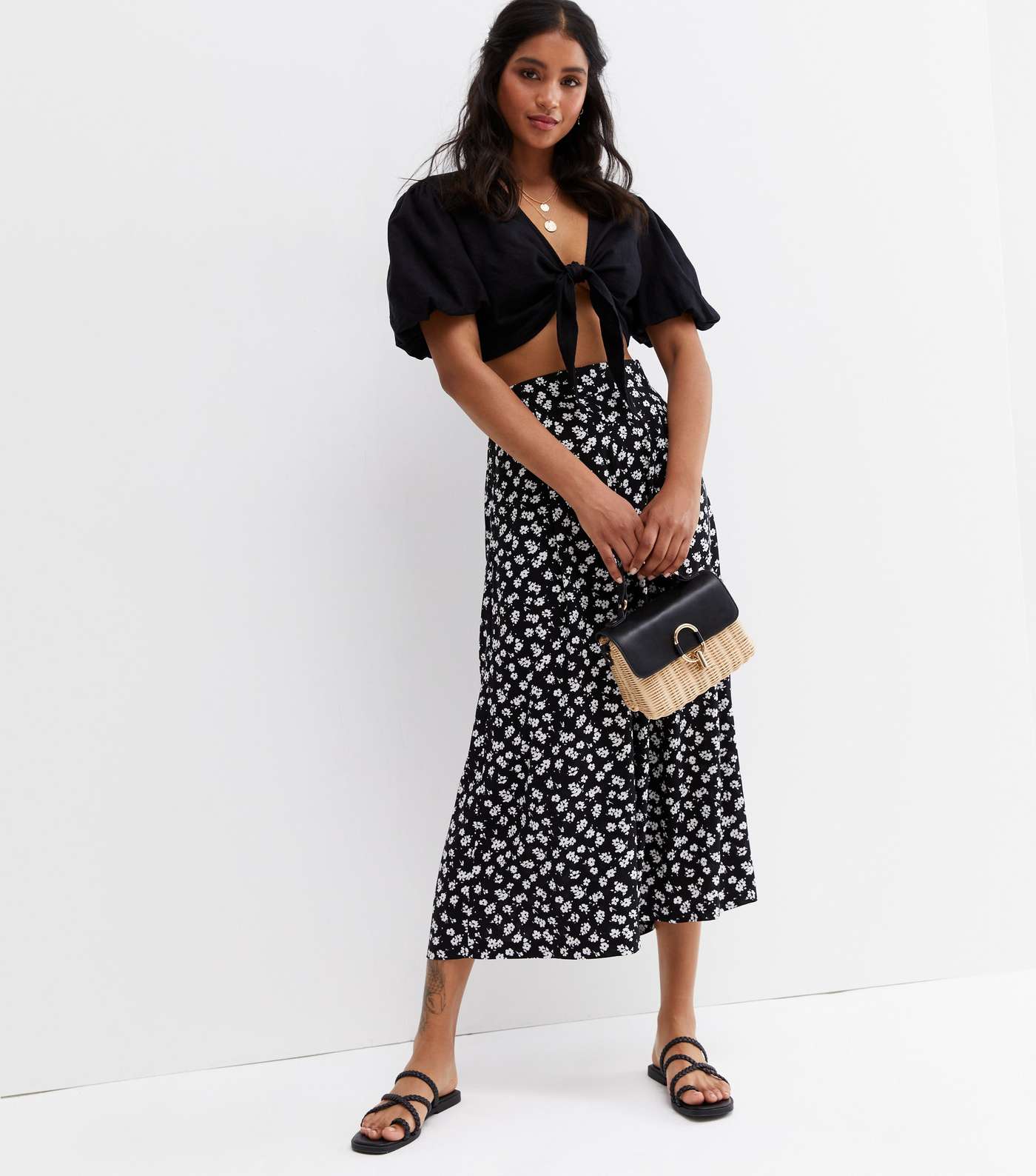 Black Ditsy Floral Crop Wide Leg Trousers