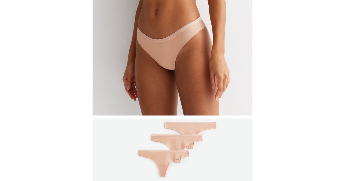 3 Pack Tan Lace Back Seamless Thongs | New Look
