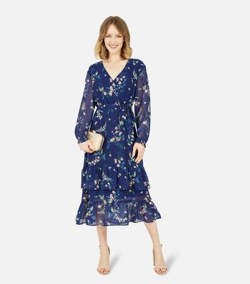 Yumi Navy Floral Bird Print Chiffon Frill Midi Wrap Dress New Look