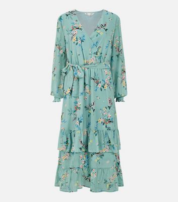 Yumi Blue Floral Bird Print Chiffon Midi Wrap Dress New Look