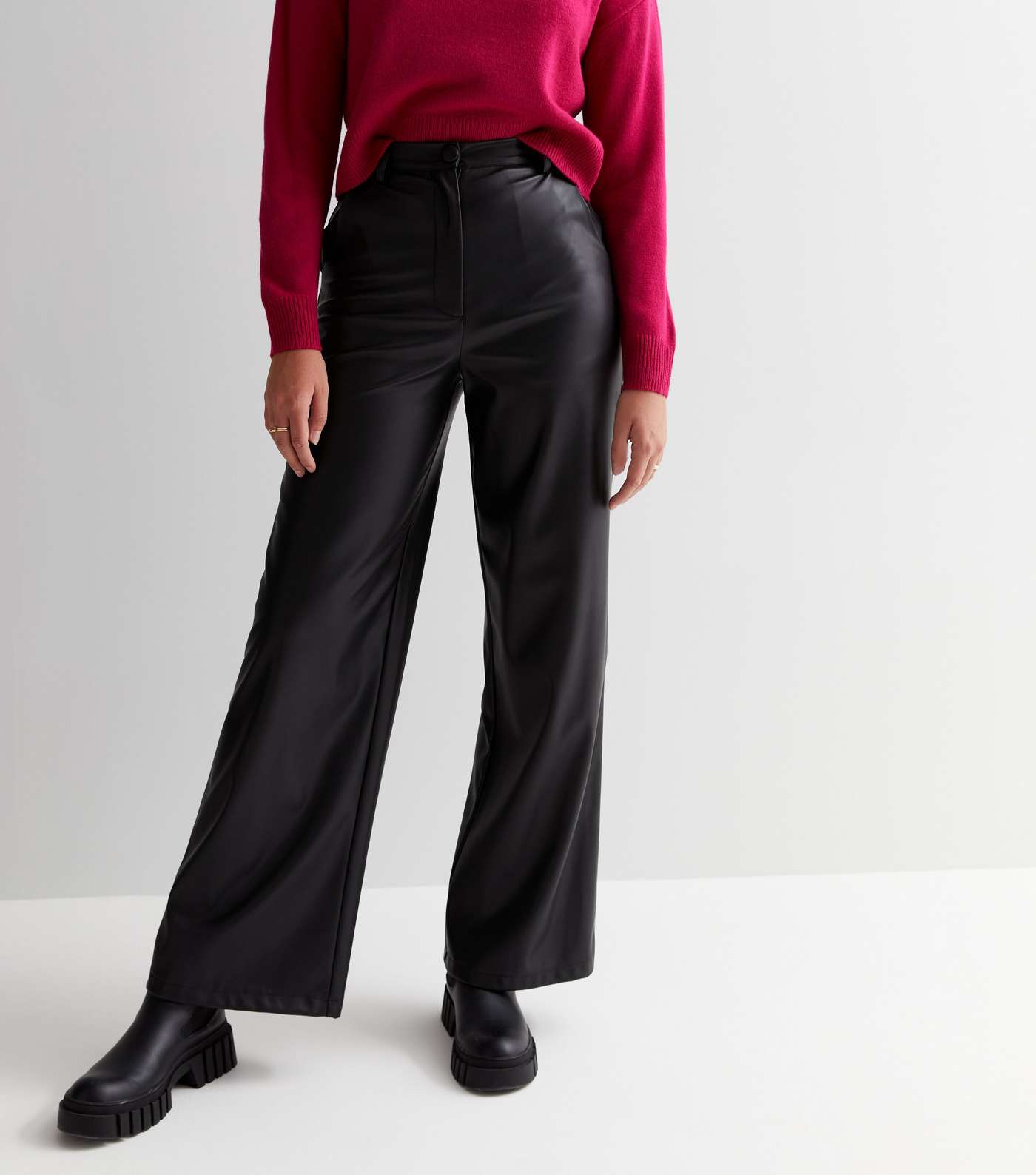 Tall Black Leather-Look Wide Leg Trousers Image 2