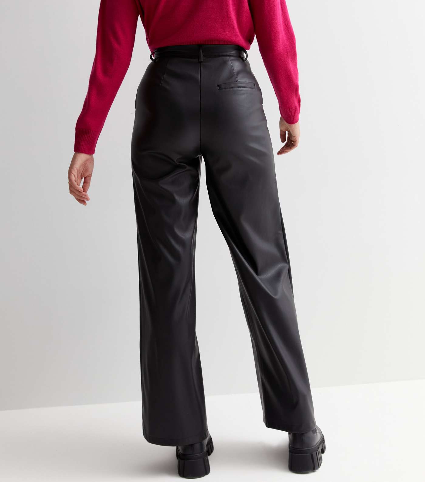 Tall Black Leather-Look Wide Leg Trousers Image 4