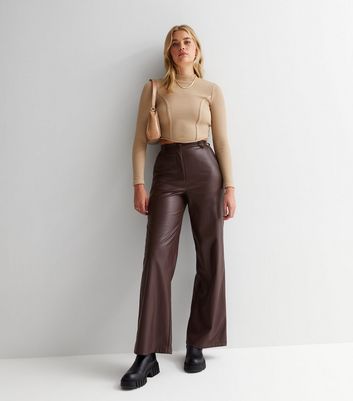 Tall Dark Brown LeatherLook Wide Leg Trousers  New Look