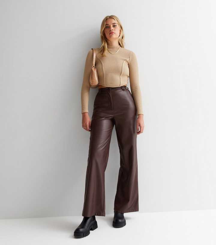 Only Tall high waisted wide leg faux leather pants in brown