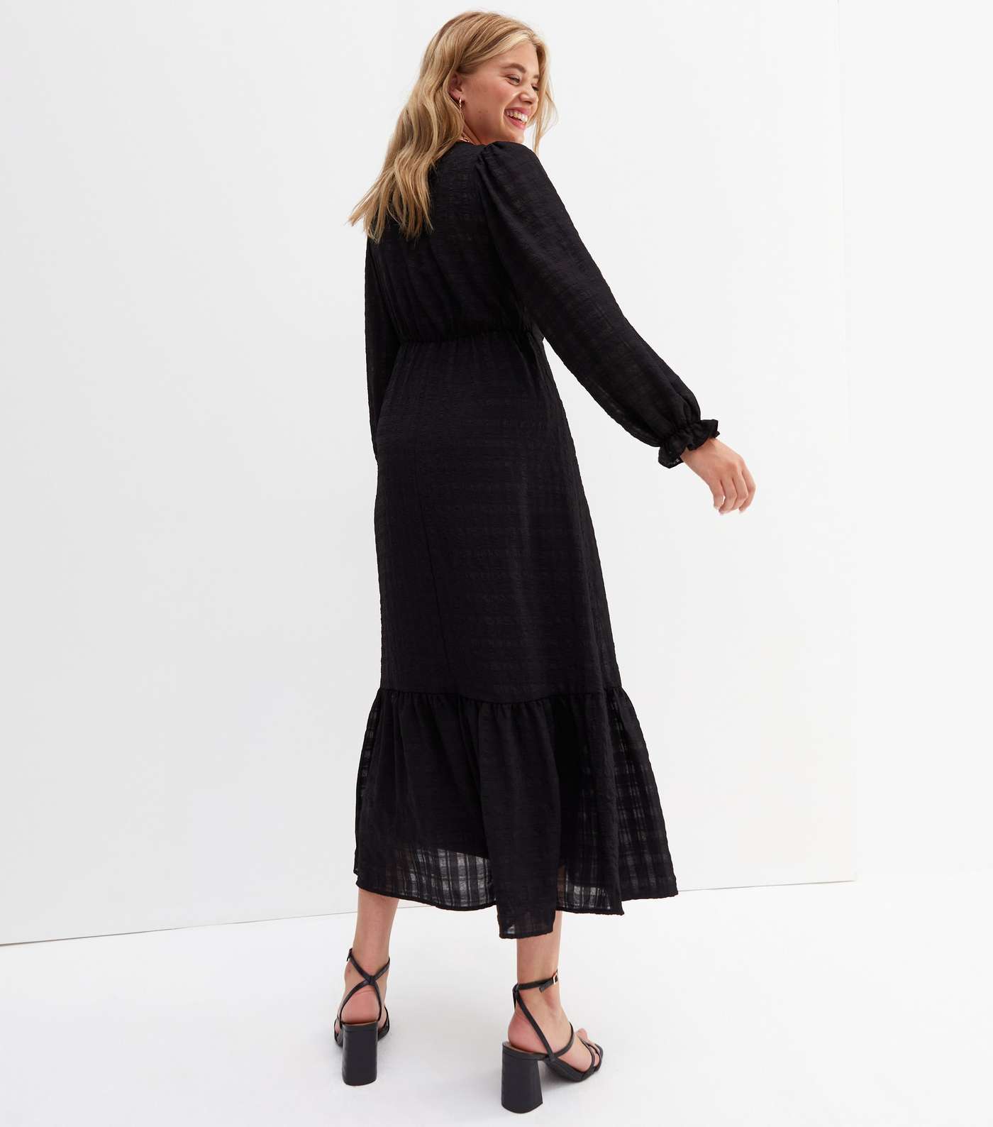 Tall Black Check Seersucker Tiered Midi Wrap Dress Image 4