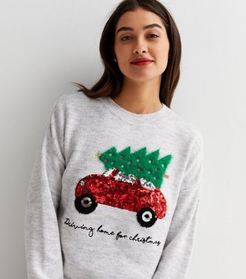 New Look Women's Light Grey Sequin Embellished Christmas Tree Car Jumper - M