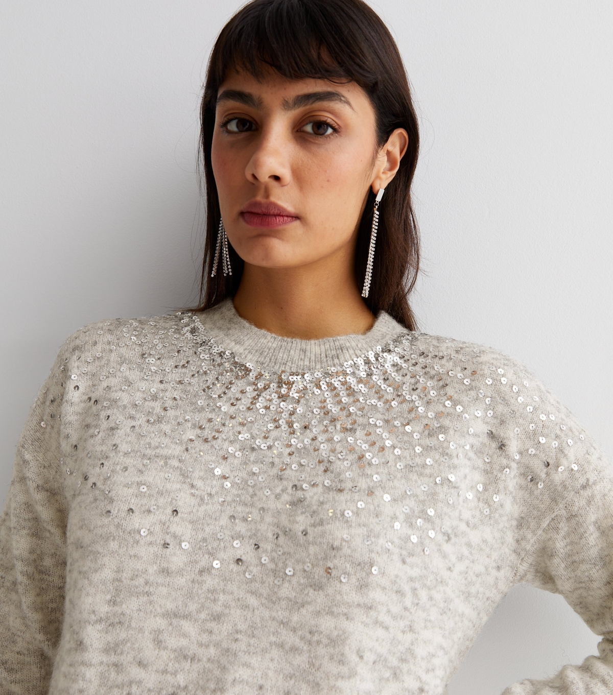 Women's Pale Grey Fine Knit Embellished Yoke Jumper New Look