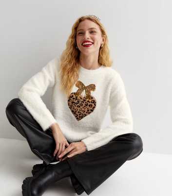Off White Crew Neck Leopard Heart Novelty Christmas Jumper
