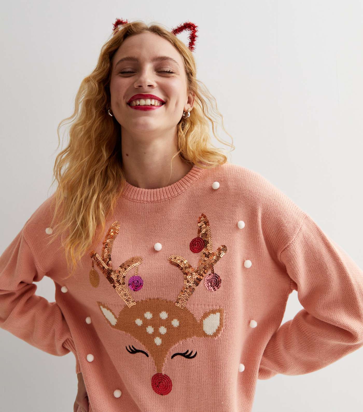 Pink Reindeer Embellished Knit Crew Neck Jumper Image 2