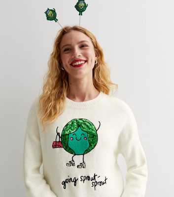 Off White Sequin Embellished Going Sprout Christmas Jumper