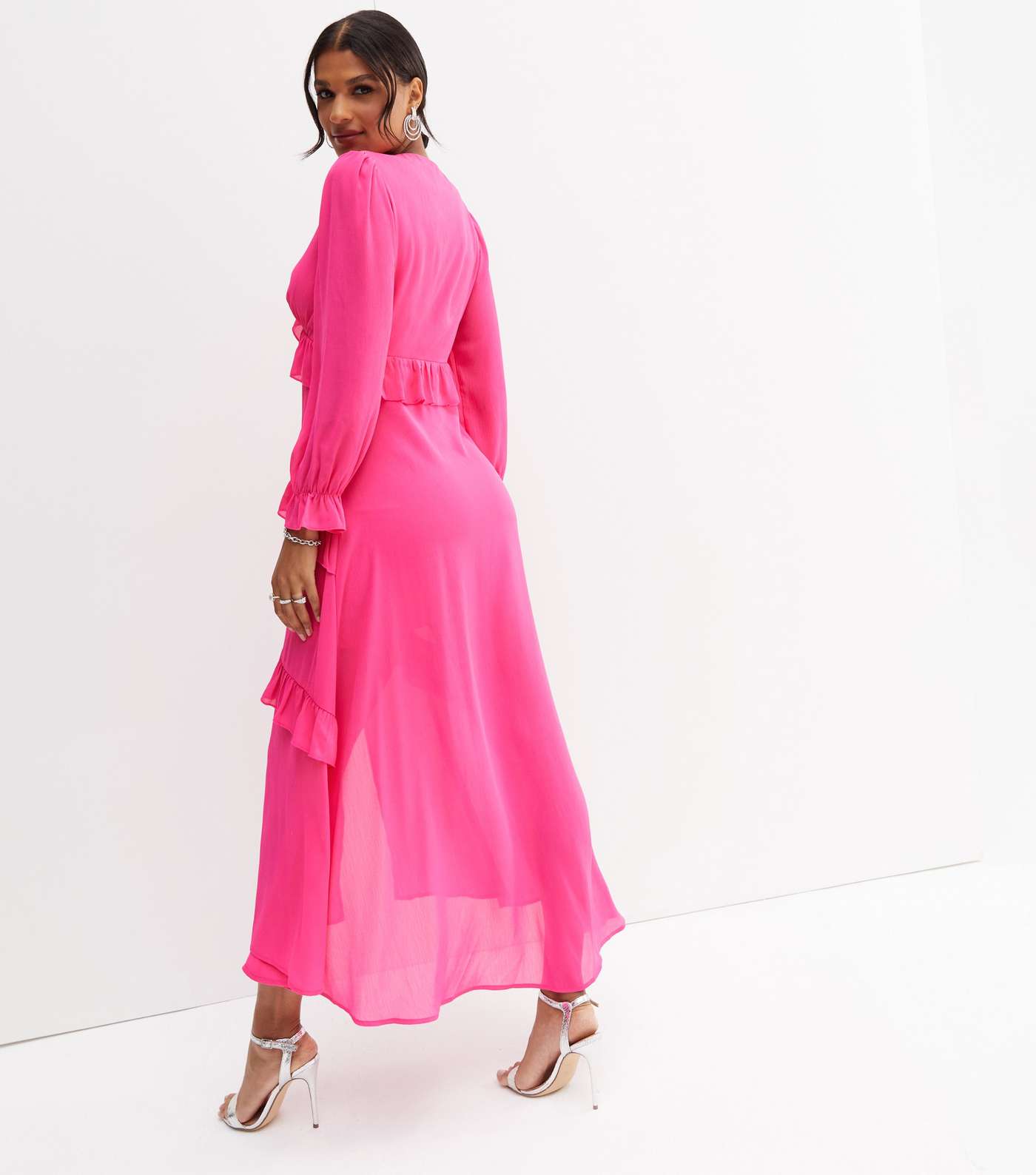 Bright Pink Chiffon Tiered Ruffle Long Sleeve Midi Dress Image 4