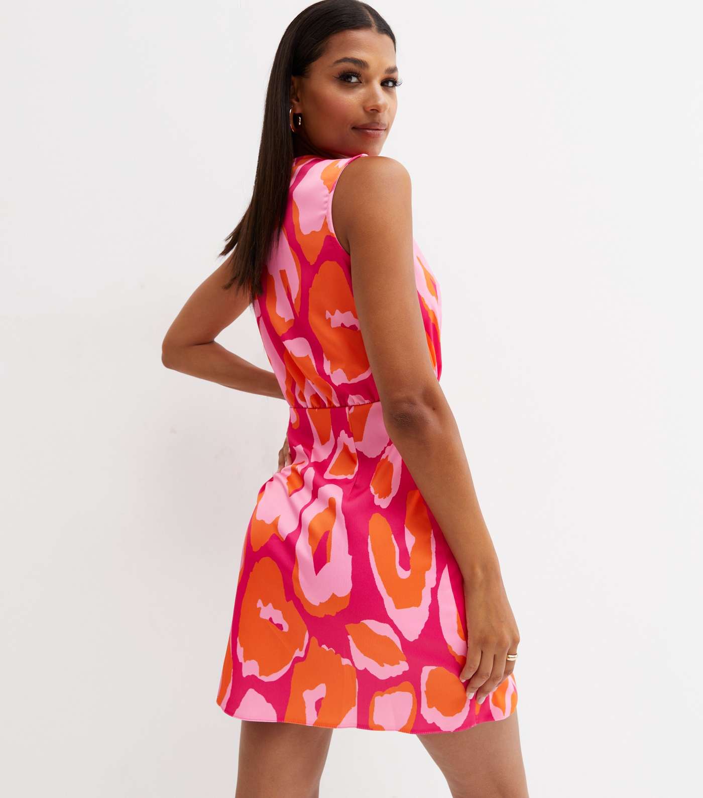 Pink Leopard Print Satin Mini Wrap Dress Image 4