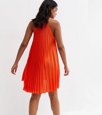 Bright Orange Satin Pleated Halter Neck Mini Dress