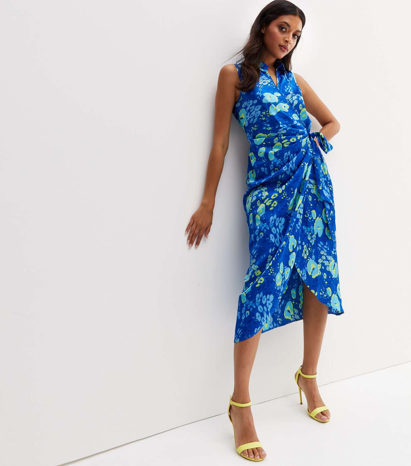 Blue Leopard Print Jacquard Satin Midi Wrap Dress Image 3