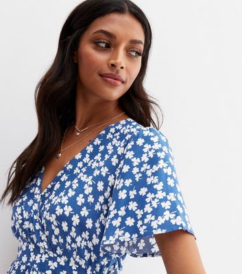 Cameo Rose Blue Floral Dip Hem Midi Wrap Dress | New Look