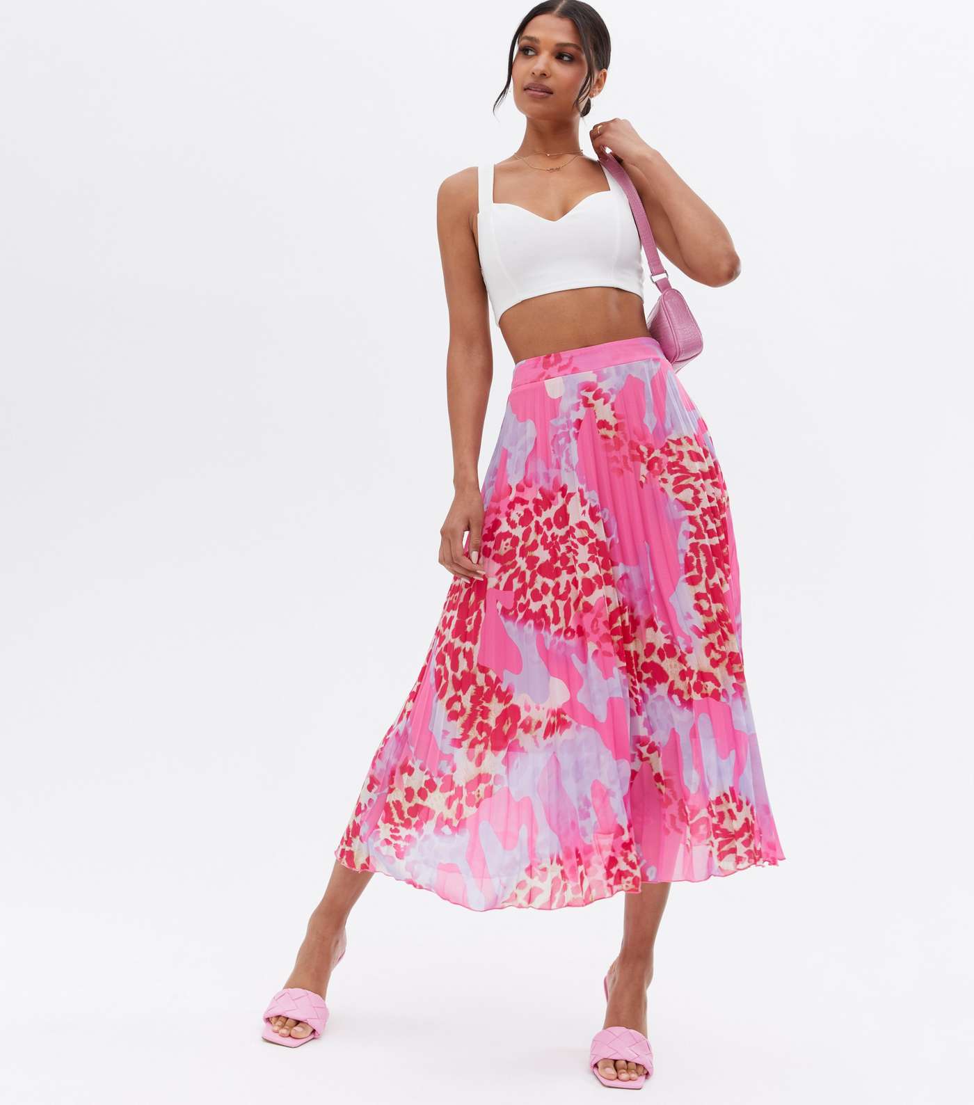 Pink Animal Print Chiffon Pleated Midi Skirt