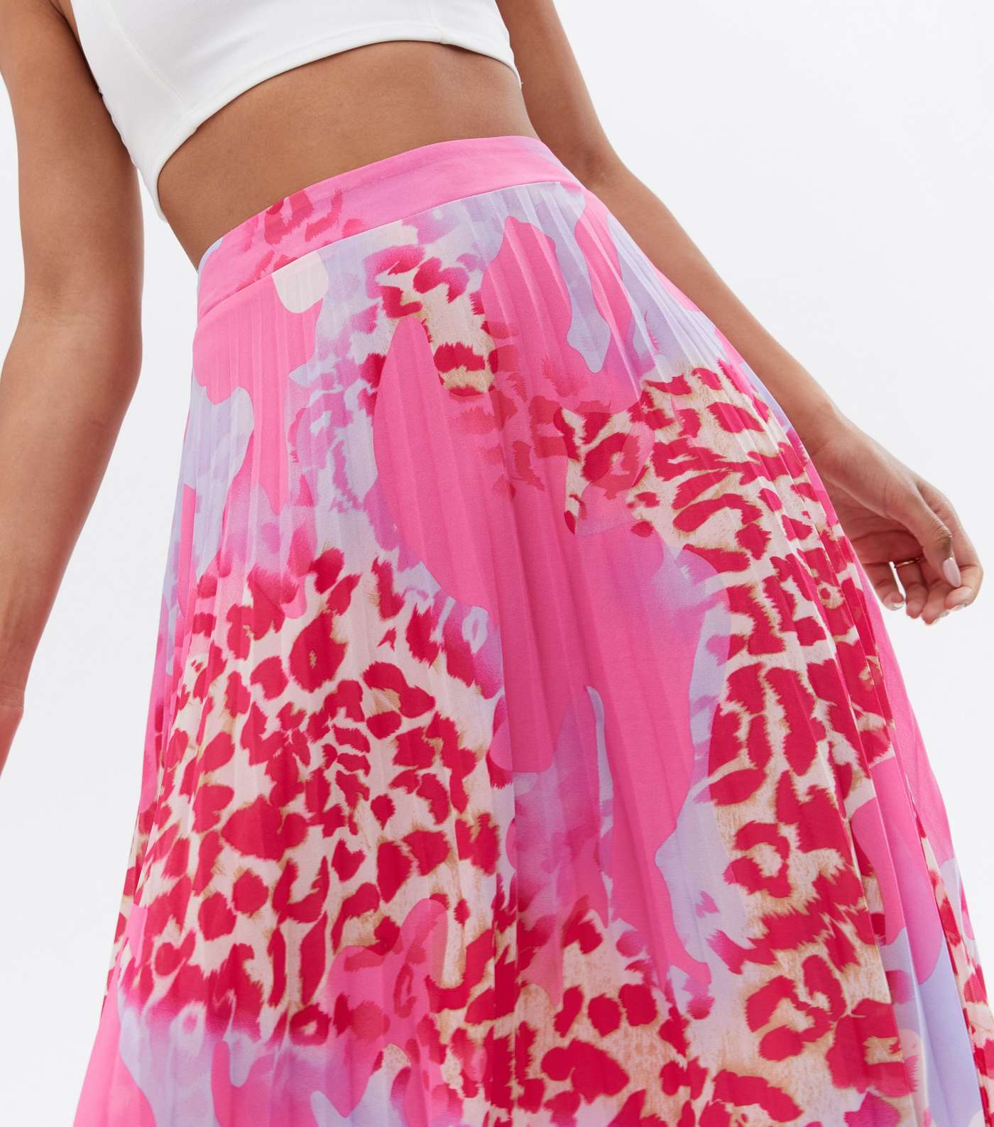 Pink Animal Print Chiffon Pleated Midi Skirt Image 3