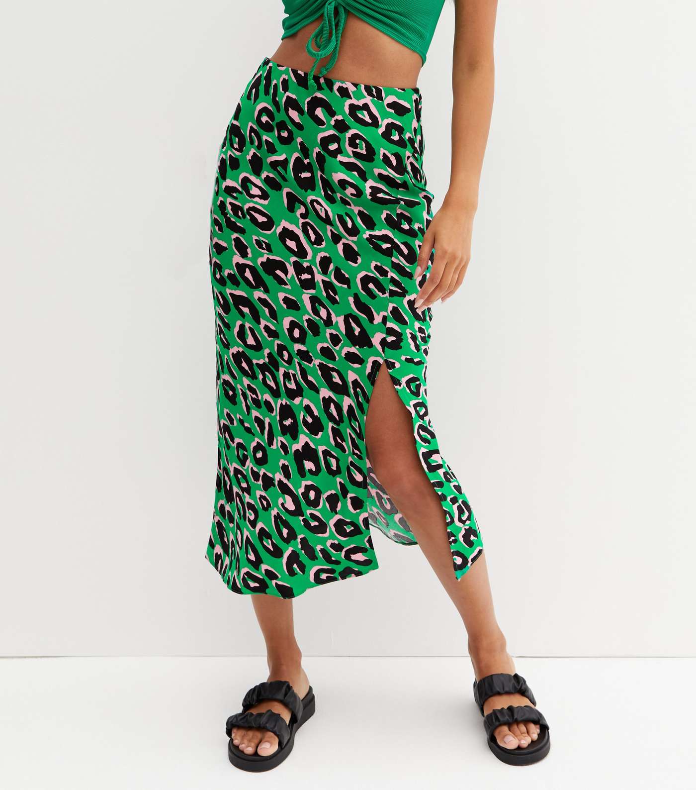 Green Leopard Print Split Midi Skirt Image 2
