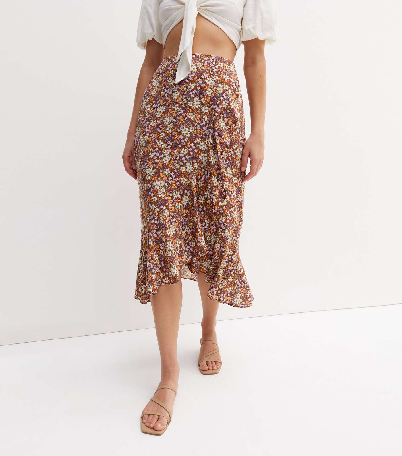 Brown Floral Ruffle Midi Wrap Skirt Image 4