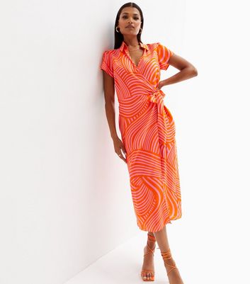 Orange Wavy Collared Short Sleeve Midi Wrap Dress
