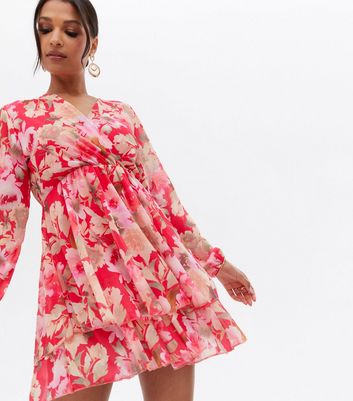 Click to view product details and reviews for Parisian Pink Floral Tiered Mini Wrap Dress New Look.