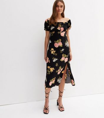 Black Floral Puff Sleeve Bardot Midi 