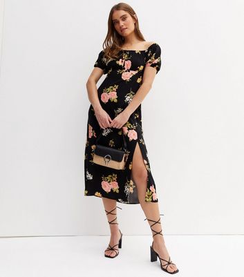 Black Floral Puff Sleeve Bardot Midi 