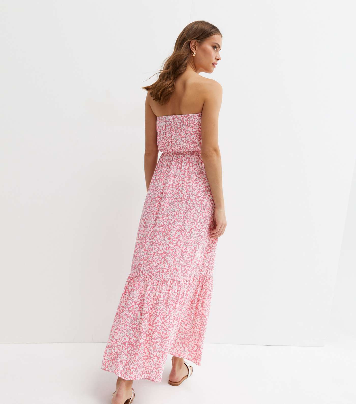 Pink Floral Split Hem Bandeau Maxi Dress Image 4