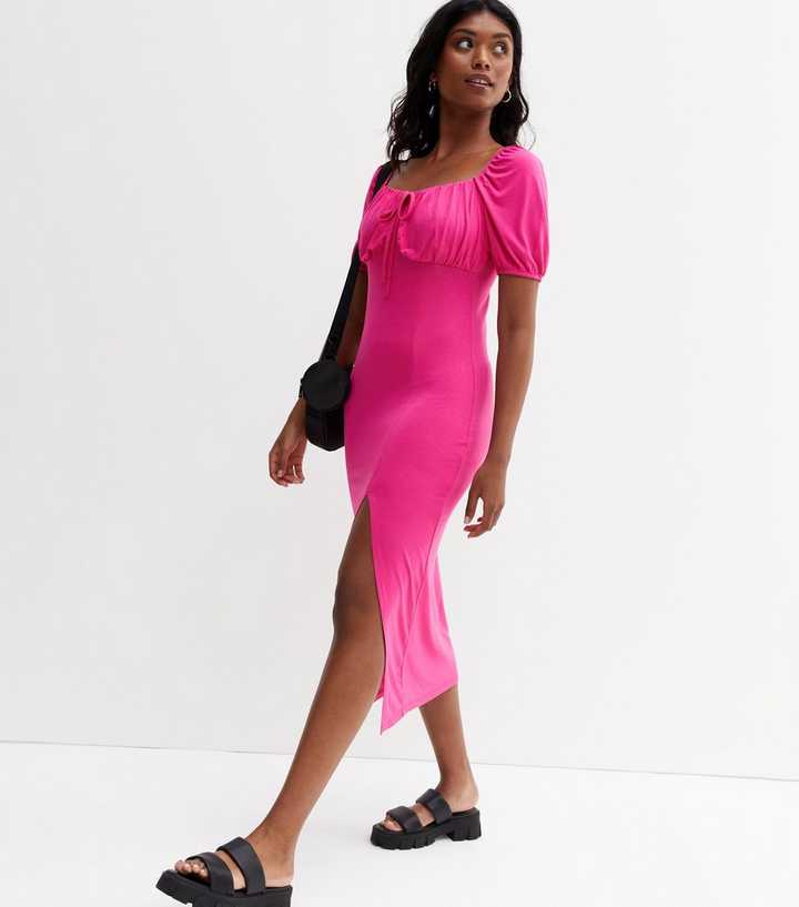 Bright Pink Sweetheart Neck Corset Midi Dress