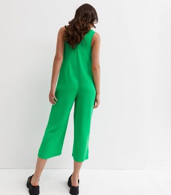 Green Herringbone Button Up Wide Leg Crop Jumpsuit | New Look