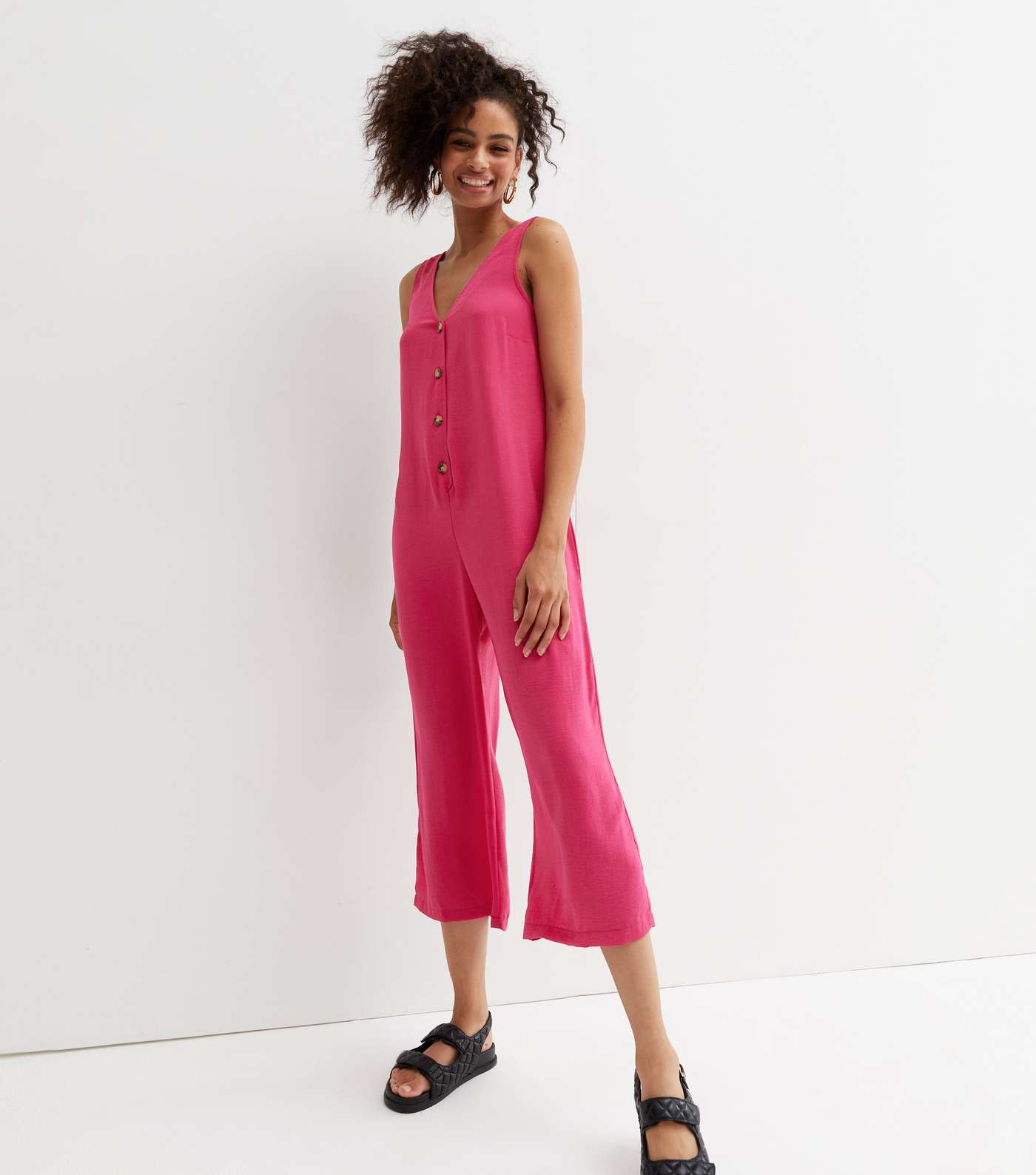 Bright Pink Herringbone Button Up Wide Leg Crop Jumpsuit Image 2