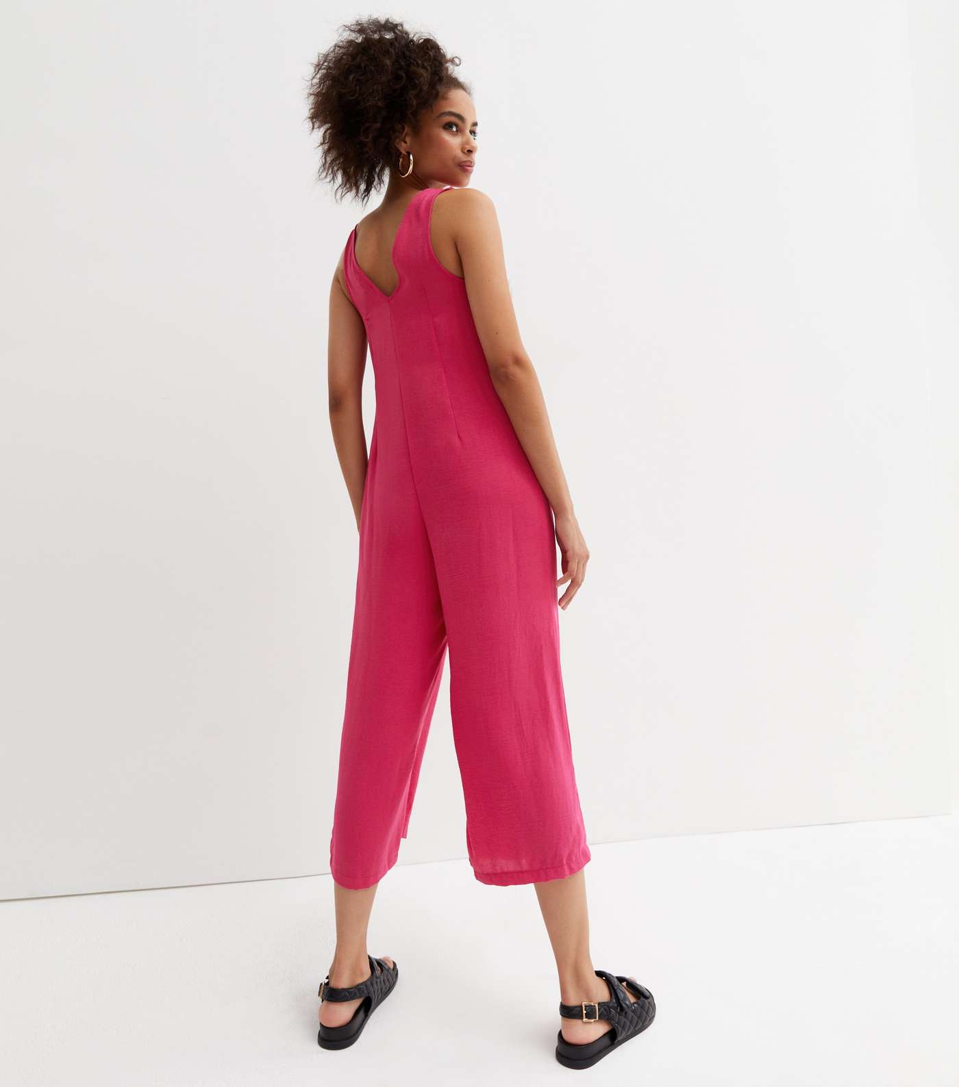 Bright Pink Herringbone Button Up Wide Leg Crop Jumpsuit Image 4
