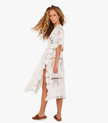 Apricot White Crochet Midi Kaftan Dress 
