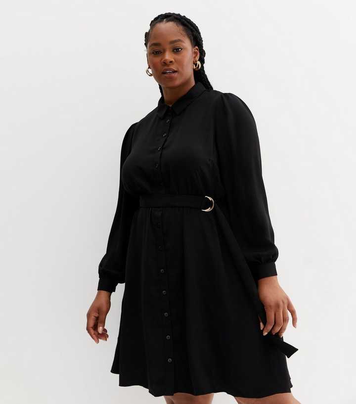 Cut Out Waist Belted Long Sleeve Form Fitting Dress in Black