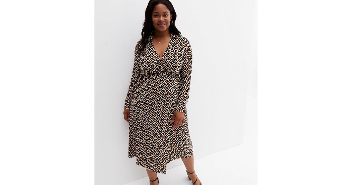 Curves Brown Geometric Midi Wrap Dress New Look