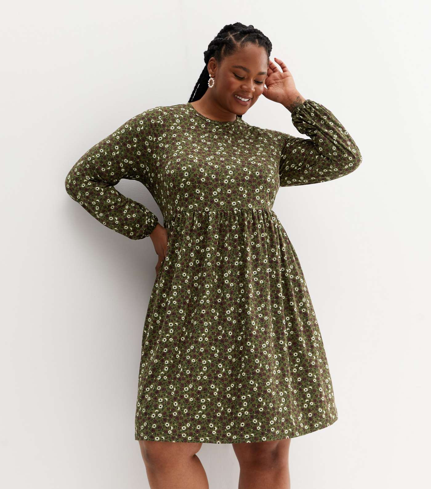 Curves Ditsy Floral Soft Touch Long Sleeve Mini Dress