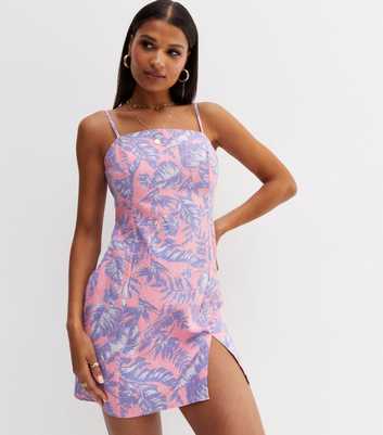Pink Tropical Linen Blend Strappy Mini Dress