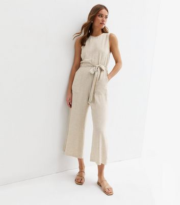 Cream Linen-Look Sleeveless Belted Jumpsuit | New Look